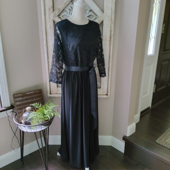 Ellen Weaver Women's Lace Top Overlay Ribbon Belt Maxi Dress in Black - Picture 1 of 14